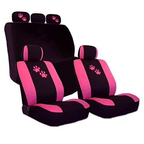 YupbizAuto 2 Tone Black and Pink with Pink Paws Logo Front and Rear Fabric Car Seat Covers Support 50/50, 60/40 Rear Split Seat for Women