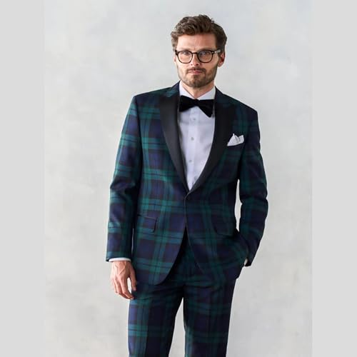 Leisure Mens Green Plaid Blazer 2 Pieces Vintage Checkered Wedding Prom Grooms Tuxedo Suits Jacket Pants Set2