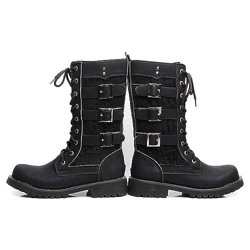 Men Motorcycle High Top Long Boots Microfiber Leather with Side Buckle Lace Up Keep Warm Military Tactical Combat Outdoors Round Toe Black Backpacking Shoes Strong Outsole Wear-Resistant Footwears3