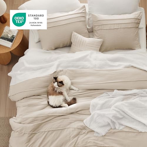 Image of Bedsure California King Comforter Set - 4 Pieces Pinch Pleat Bed in A Bag, Linen Boho Bedding Sets for Summer, 1 Soft Comforter, 2 Pillowcases, 1 Decorative Pillow