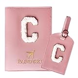 ZVRSUA Protege Passeport Rose et Etiquette Valise Costume，Pochette Passeport avec Lettre, Cuir PU, Cadeaux Femme Voyage Accessoires, Très Mignons, Adaptés aux Femmes, Adolescentes, Filles (Lettre C)