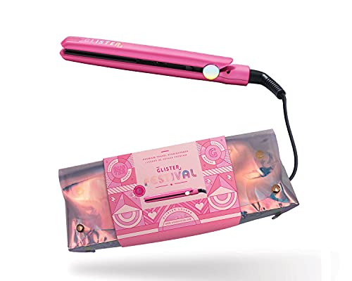 Glister Festival Collection Mini Flat Iron with Holo Bandolier Bag, Professional Ceramic Plate, Salon-Grade Travel Straightener, Beauty Tool - Flamingo