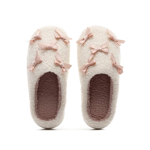Fuzzy Bow Slippers for Women Men Velvet Warm House Shoes with Cute Big or Small Bows Winter Indoor Comfy Memory Foam Slippers2