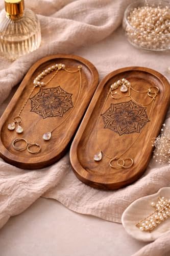 Image of Wooden Jewelry Tray, Oval Shape, L x B x H = 10 x 5 x 0.5 Inch Floral Design, Natural Wood Finish, Organizer for Rings, Necklaces, Earrings And Snacks Serving (Round Engraved 3)
