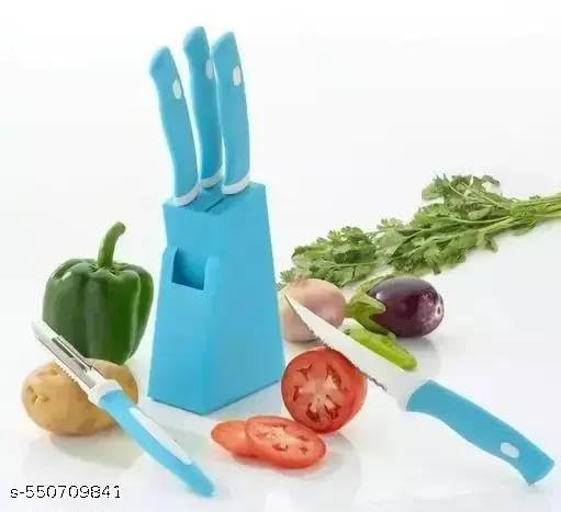 Image of Kitchen Knife Set with Stands. Stand with 4 Knife Set & 1 Peeler Women's 1st Choice ABS Plastic Stand with 4 Knife & 1 Peeler Kitchen Tool Set (Knife, Peeler)(Blue Stand + Knife) /13 KP2633