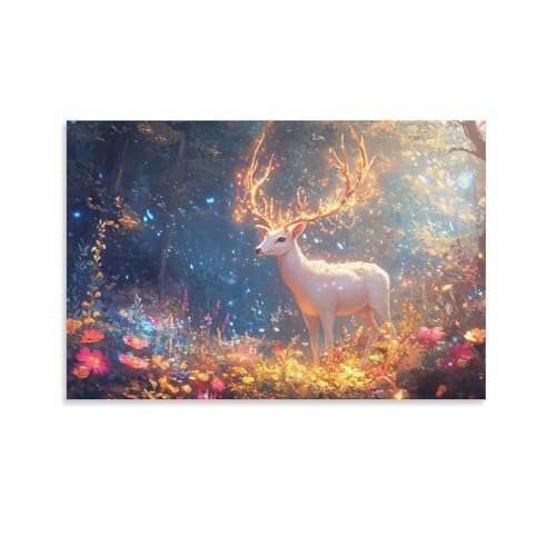TJLROUVNK Cervo bianco luminoso Tela Stampa Fiori e forestaae Wall Art Art Regalo Per Quadro Moderno Decorazioni Da Parete Per Camera Da Letto Pranzo Soggiorno Bagno Hote