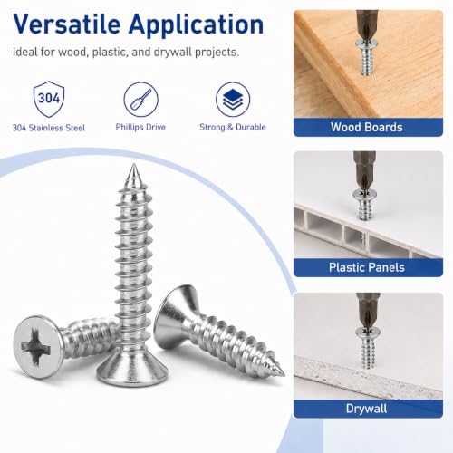 345Pcs 304 Vis auto tapotantes en acier inoxydable Assortiment Kit-M3 M4 Tête plate Phillips vis en bois auto tapotant Vis autotaraudeuses avec boîte de stockage, argent, modèle SR34