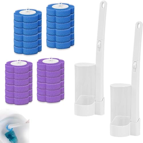2 Pack Disposable Toilet Brush with 24 Refills, 16 in Long Handle Disposable Toilet Bowl Cleaner with Storage Caddy for Bathroom Cleaning