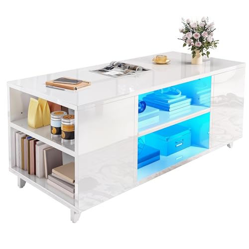 YITAHOME Mesa de Centro Moderna Brillante con Luz LED de 16 Colores, Mesa de Café para Salón con Estante Ajustable, Blanco, 97,5 x 48 x 45 cm