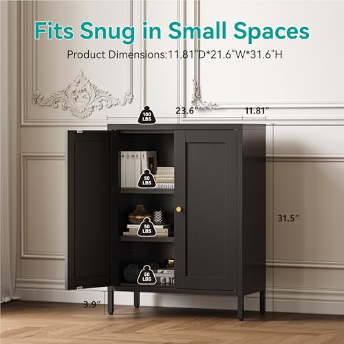 Image of Small Metal Storage Cabinet,11.8 inch D x 23.6 inch Wx31.5 H,Bathroom Cabinet with Adjustable Shelves,Shaker Cabinet for Kitchen Living Room Entryway Dining Room, 3-Tier,Black