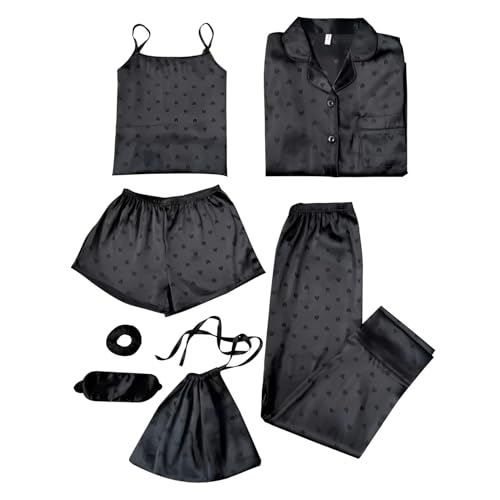 Jamron Mädchen 7PCS Satin Pyjama Set Frühling Sommer Herbst Tops & Kurze Hose Nachtwäsche SN07655-2 Schwarz Herz-2 160CM