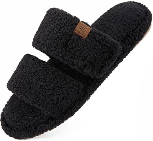 FamilyFairy Open Toe Slippers for Women Adjustable Memory Foam House Shoes Faux Fur Fuzzy Slide Sandals Non Slip Washable