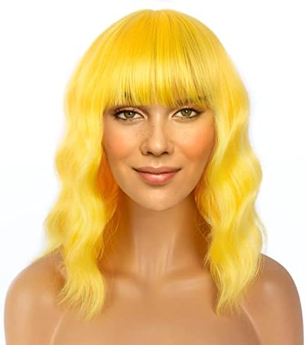 LANICE Yellow Wig Short Bob Wigs with Bangs for Women Loose Wavy Hair Shoulder Length Wigs Synthetic Colorful Wigs for Cosplay Daily PartyUse(Yellow，12inch)