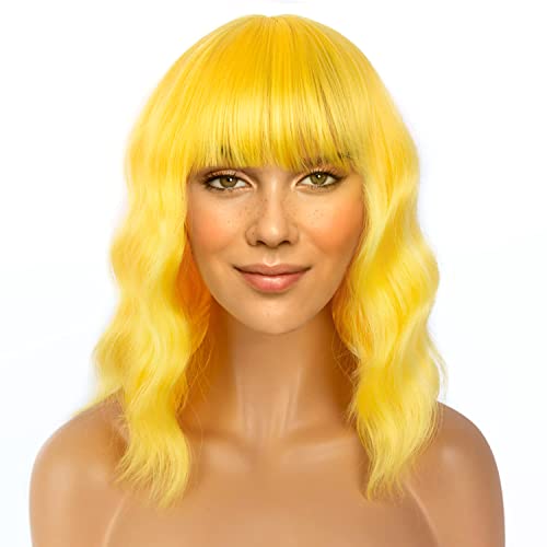 Lanice Yellow Wig Short Bob Wigs With Bangs For Women Loose Wavy Hair Shoulder Length Wigs Synthetic Colorful Wigs For Cosplay Daily Partyuse(Yellow，12Inch) #TOP1