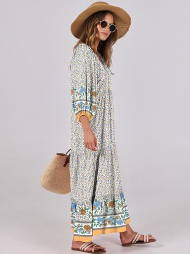 Image of ANRABESS Womens Boho Floral 3 /4 Puff Sleeve Maxi Dress | Tiered Flowy Loose Fit, Comfy Soft Rayon Fabric, Wedding Guest Church Beach, Modest Elegant, Spring Summer Fall Outfits