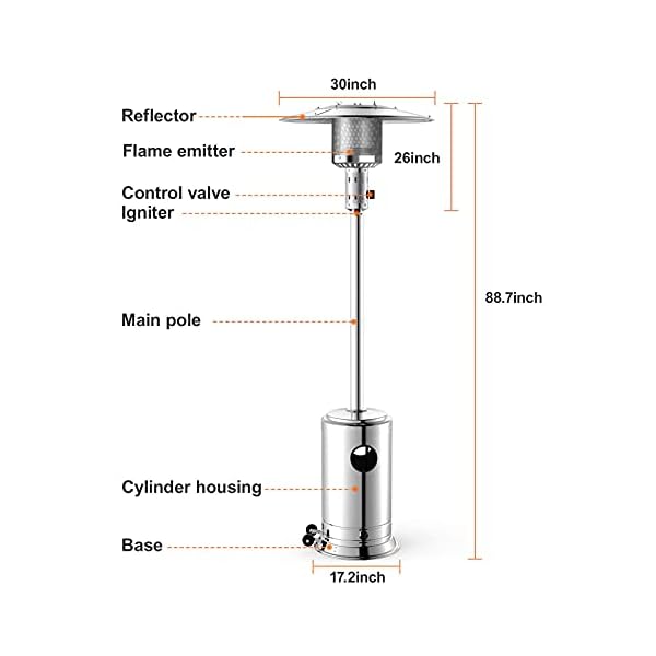 Legacy heating 88 inch patio heater 47000 btu standing heater with wheels stainless steel burner gas propane patio heater for outdoor garden use porch party deck  urban country home decor