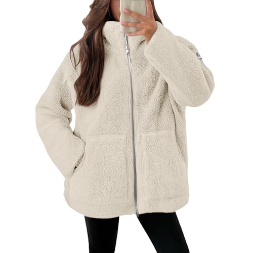 Teddyjacke Damen Fleecejacke Warme Dicke Freizeit Zwei-Wege Reißverschluss Winterjacke Einfarbig Teddyfleece Teddy Jacke mit Taschen und Reißverschluss Wintermantel Winterjacke 2025 Plüschjacke