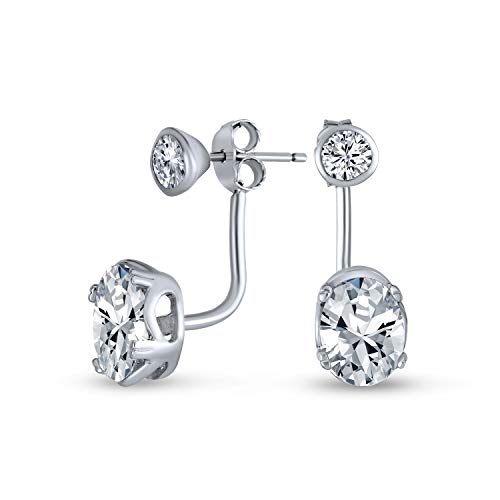 Minimalist Geometric Solitaire Cubic Zirconia Front CZ Back Ear Jackets Stud Earrings 925 Sterling Silver