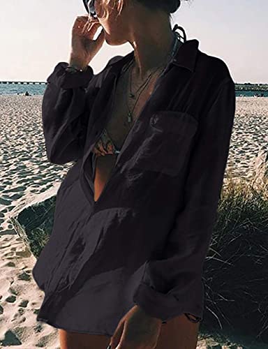 Image of Bsubseach Women Long Sleeve Beach Shirt Blouses Bathing Suit Cover Up Button Down Collar