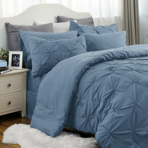 Image of Bedsure Queen Comforter Set Mineral Blue - Bed in a Bag Queen 7 Pieces, Pintuck Bedding Sets Gift for Christmas, Pinch Pleat Bed Set with Queen Size Comforter, Sheets, Pillowcases & Shams