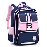 Tanou Schulrucksack Mädchen 1-5 Klasse, Ergonomischer Rucksack Kinder Schulranzen Grundschule, Wasserdicht Schultasche für Mädchen 7-12 Jahre mit Reflektierend, Marineblau-Rosa