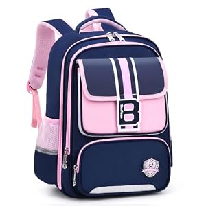 Tanou Schulrucksack Mädchen 1-5 Klasse, Ergonomischer Rucksack Kinder Schulranzen Grundschule, Wasserdicht Schultasche für Mädchen 7-12 Jahre mit Reflektierend, Marineblau-Rosa