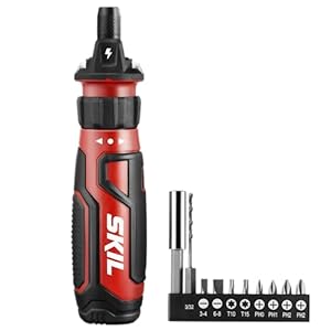 SKIL Rechargeable 4V Cordless Screwdriver with Circuit Sensor Technology, Includes 9pcs Bit, 1pc Bit Holder, USB Charging Cable – SD561201, Red