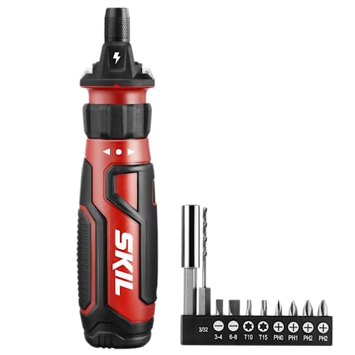 SKIL Rechargeable 4V Cordless Screwdriver with Circuit Sensor Technology, Includes 9pcs Bit, 1pc Bit Holder, USB Charging Cable – SD561201, Red