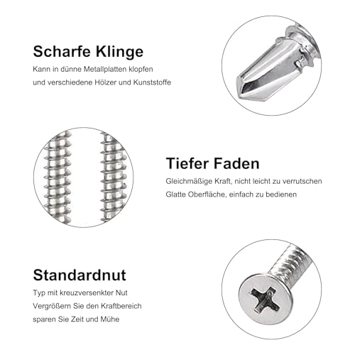 120 Stück 4.2 x 38 mm Blech Selbstschneidende Schrauben, 410 Edelstahl Phillips Senkkopf Flachkopf, Selbstbohrende
