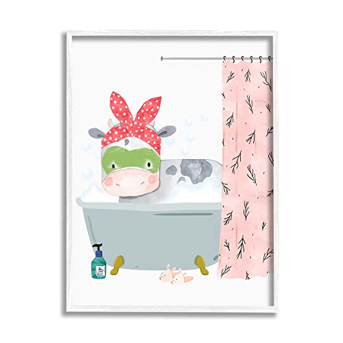 Stupell Industries Children's Farm Cow Bath Tub Bunny Slippers Bathroom White Wall Art, Framed