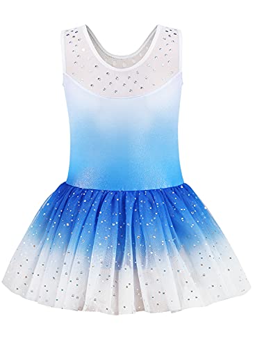 Gymnastics Leotards For Girls Size 6 7 Ballet Tutu Dance Dress Gradient Blue Sleeveless Gymnastic Skirt(Baby Girls/Toddler Girls/Big Girls) (Blue White, 6-7 Years) #TOP1