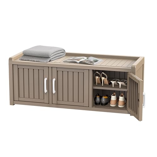 EasyUp Shoe Bench Waterproof,Resin Shoe Cabinet,Outdoor Storage,Industrial Hallway Bench with Adjustable Shelves for Entryway,Living Room,Bedroom(Grey,Three-Door)