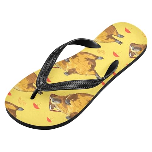 ALAZA Capybara Sunglasses Yellow Flip Flops for Women Fashion Beach Slippers Comfort Mens Flip Flops Non-Slip Rubber Shower Slippers Sandal for Hotel Travel Sport,XS2