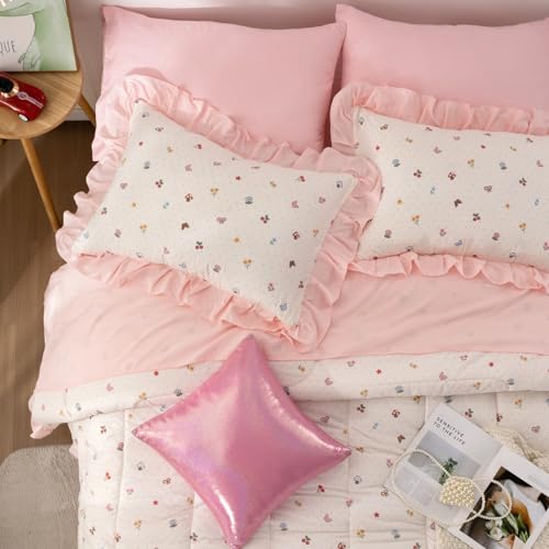 Image of A Nice Night Ruffle 6 Pcs Bed in a Bag Comforter Set,Creamy Background with Bow, Mushroom, Cherry & Butterfly Pattern - Colorful Wonderland Design Bedding Sets,Twin
