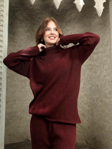 Image of Kvetoo Women Winter Coord Set Wool Blend High Neck Sweater and Wide Leg Pants Warm Tracksuit Pajama Set Two Piece Knitwear Travel Wear for Lounge Casual Office