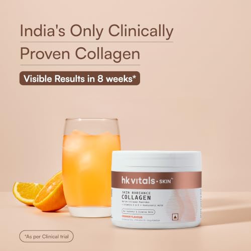 Image of hk vitals Skin Radiance Marine Collagen Supplement Powder (Orange, 100g) | Collagen Peptides with Vitamin C, E