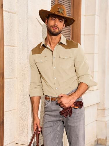 Image of Yousify Mens Corduroy Shirt Long Sleeve Button Down Casual Western Cowboy Shirt Jacket with Flap Pockets