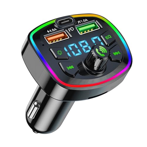 Transmetteur et Adaptateur FM Bluetooth Voiture, Lecteur MP3 Adaptateur Radio[PD+4.8A] Appel Mains Libres,Support Carte TF/USB,2 USB Ports Chargeur Rapide[4.8A+1A] et Type C,Bluetooth Allume Cigare