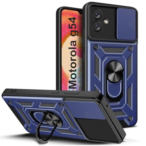 Image of 360 Protection | Rotate Ring Stand | Slider Camera Mobile Case Compatible with Motorola G54 Blue