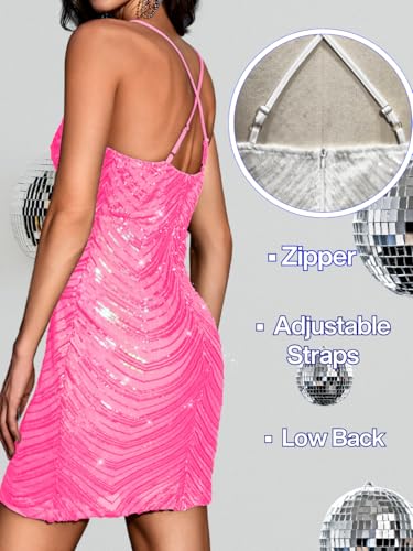 Image of Kaei&Shi Sequin Mini Dress,V Neck Spaghetti Strap Sparkly Prom Dresses for Women,Sexy Birthday Outfit HOCO Cocktail Nye Party