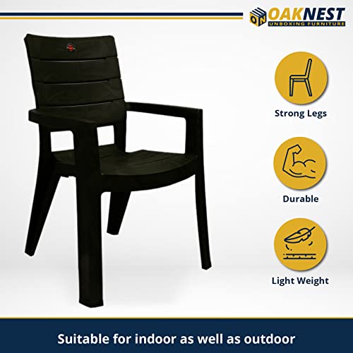 Image of OAKNEST Cello Jordan High Back Plastic Chair| Arm Rest Chair for Living Room, Bed Room and Garden Use| Weight Bearing Capacity 200 Kgs| Replascement Warranty* (Black), Set of 2 Piece