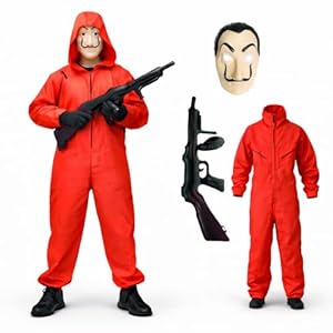 TK Gruppe Timo Klingler Haus des Geldes Kostüm Set - 3 in 1 Unisex für Erwachsene Unisex mit Dali Salvador Maske, Gewehr, Anzug für Fasching & Halloween (160-180 cm (XL))
