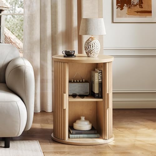 YITAHOME Runder Tisch mit Schiebetürenschrank, Beistelltisch mit 2-stöckigem Aufbewahrungsregal für Schlafzimmer, Esszimmer, Wohnzimmer, Home Office, oder Wohnung, kleiner Couchtisch/Nachttisch, helle – Bild 5