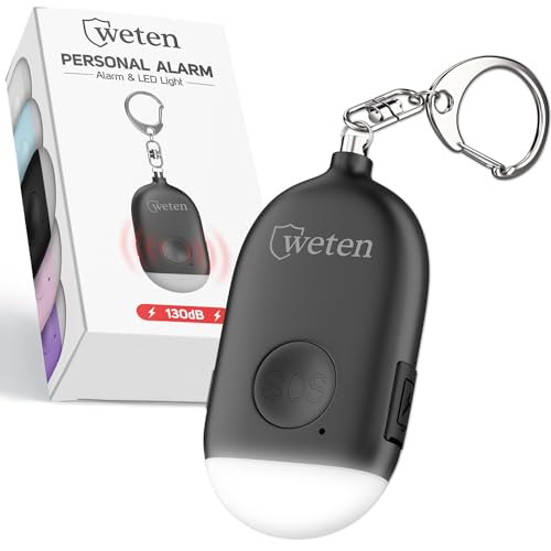 Weten Rechargeable Personal Alarm Keychain - 130dB Siren & LED Light - Stylish Personal Safety Alert for Women to Carry - Panic Button Alarm for Security - Rape Whistle for Self Defense (Black)