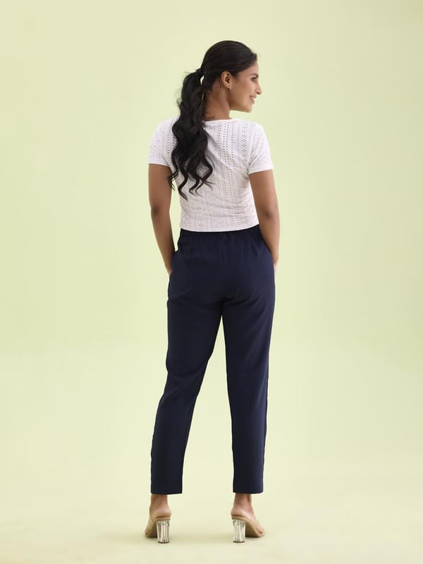 Image of GO COLORS Solid Formal Crepe Pants for Women | Mid Rise, Side Pocket