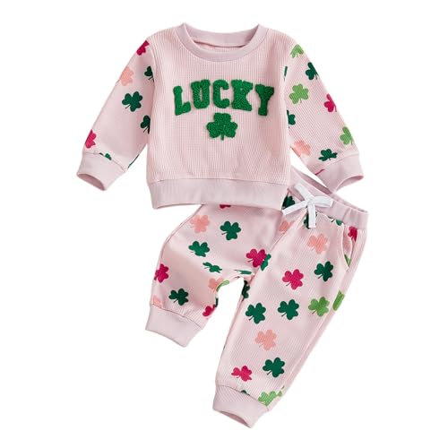 Image of Toddler Baby Boy Girl St Patricks Day Outfit Lucky Embroidery Waffle Long Sleeve Sweatshirt Pants Spring Clothes Set