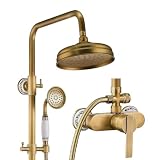 Colonna Doccia Retro, Set Doccia Completo con Miscelatore in Ottone Anticato, Colonna Doccia con Soffione Doccia a Pioggia da 20 cm e Doccetta, Asta Doccia Regolabile, Montaggio a Parete