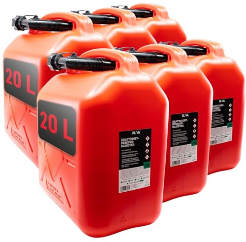 KOVA 6x Benzinkanister 20L ROT Kunststoff Dieselkanister Reservekanister Kraftstoffkanister 20 Liter Wasserkanister für Benzin Diesel Wasser AdBlue, 20-Liter-Kanister & Außgießer 20 ltr Petrol Can