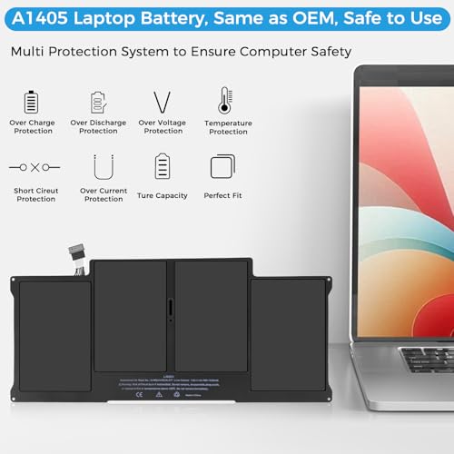Image of A1466 Battery,A1405 A1496 A1377 Battery Replacement for MacBook Air 13 inch A1466 (Mid 2012,Mid 2013,Early 2014,Early 2015,2017) A1369 (Upgraded High Performance 7.6V 54.4Wh 7150mAh)