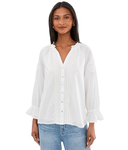 Liverpool Los Angeles Womens 3/4 Sleeve Button Front Woven Top with Embroidery Bone Medium